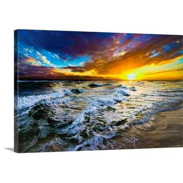 Red And Blue Beach Sunset With Ocean Waves 147 Wrapped Canvas Art Print, 36