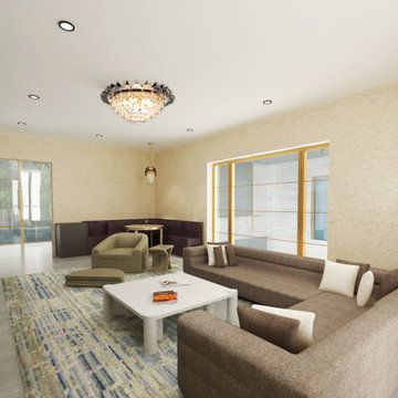 Interior 3D Rendering Living room with a beautiful chandelier