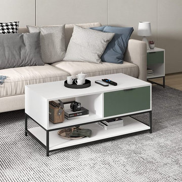 Watson 39" Wood Coffee Table Steel Frame with Shelves and Drawer