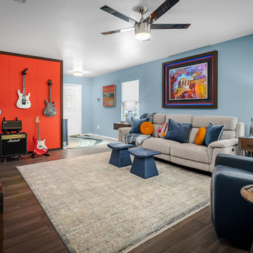 Living Room Overview with Guitar Wall