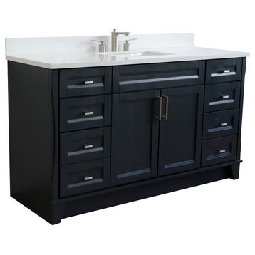 61" Single Sink Vanity, Dark Gray Finish And White Quartz And Rectangle Sink