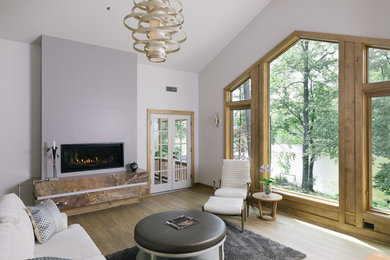 Living room - large modern enclosed light wood floor and brown floor living room idea in Atlanta with white walls, a ribbon fireplace, a stone fireplace and no tv