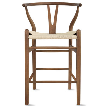 Wishbone Solid Wood Counter Height Bar Stool Y Open Back Weave Seat, Espresso