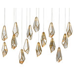 Currey & Company - Glace Rectangular 15-Light Multi-Drop Pendant - The faceted shades of the Glace Rectangular 15-Light Multi-Drop Pendant are made of panes of Raj mirror joined with seams of metal in a brass finish. The organic shape of the shades and the fact they hang at differing heights brings this mirrored pendant added personality that will make it a piece of jewelry in a space. This fixture is among Currey & Company's introduction of cluster lights, which includes 1-light up to 36-light configurations.
