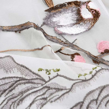QYHL225D Silver Beach Embroidered Birds On The Branch Faux Silk Custom Made Curt