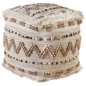 Leira Handwoven Wool Upholstered Pouf, Ivory/Natural Brown