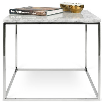 Gleam 20"x20" Marble Side Table, Top: White Marble, Base: Chrome