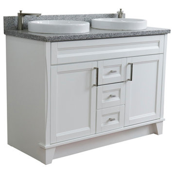 48" Double Sink Vanity, White Finish With Gray Granite And Round Sink