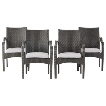 Set of 4 Outdoor Lounge Chair, Wicker Covered Frame & Cushioned Seat, Brown/Gray