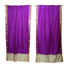 Mogul Interior - 2 Indian Silk Sari Curtains Door Panel Purple Home Decoration Boho Drapes - Curtains