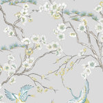 Graham & Brown - Japan Wallpaper, Blue, 20x396 - Surround yourself with a Japanese inspired wallpaper and feel the calming Zen. The Crane bird is celebrated in Japan as a symbol of longevity, luck & much more. This beautiful trail design will add a touch of serenity in any room. The birds and flowers are shades of yellow and blue with gold metallic accents all on a light grey colored background.