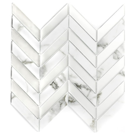 Musico 1"x4" Glass Herringbone Mosaic Tile,Carrara White, Single Sheet