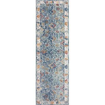 Georgette Traditional Floral Area Rug, Navy/Cream, 2'3"x7'7"