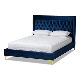 Baxton Studio Valery Tufted Velvet Platform Queen Bed in Navy Blue