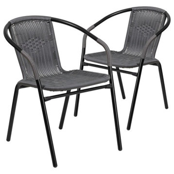 Flash Furniture Stackable Rattan Curved Back Dining Arm Chair in Gray (Set of 2)