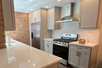 Eat-in kitchen - mid-sized contemporary galley eat-in kitchen idea in Chicago with gray cabinets, quartz countertops and white countertops