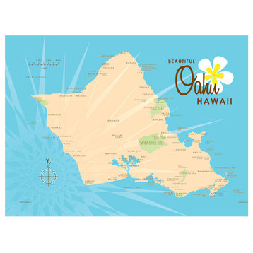 Lakebound Oahu Blue Map Art Print, 9"x12"