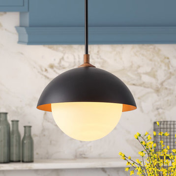 Farmhouse Black 1-Light Bowl Shape Glass Dimmable Pendant Light