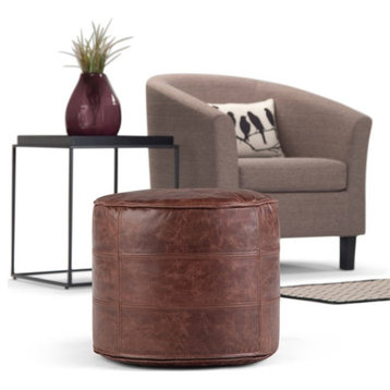 Simpli Home Connor Boho Round Pouf in Distressed Brown Genuine Leather