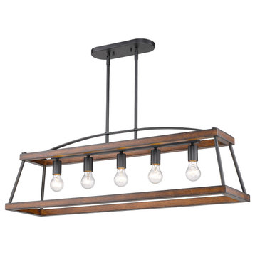 Teagan Linear Pendant, Natural Black With Rustic Oak Wood Accents