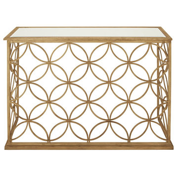 Elegant Console Table, Metallic Gold Base With Ring Pattern & Beveled Mirror Top