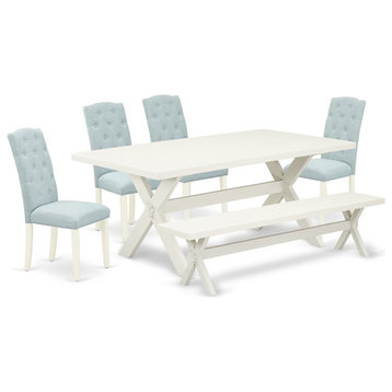 East West Furniture X-Style 6-piece Wood Dining Set in Linen White/Baby Blue
