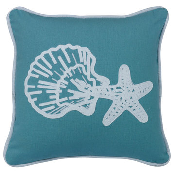 Aqua Linen Pillow With Star And Shell Embroidery