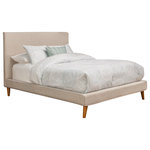 Alpine Furniture - Britney Queen Upholstered Platform Bed, Light Grey Linen - Sink into comfort in the Britney Upholstered Queen Platform Bed. Its clean lines, low profile, and its slightly angled tapered acorn-finished legs raises the bed off the floor for an airy feel that fits right into any mid-century modern styled room. The bed boasts a simple headboard and an upholstered neutral linen finish. The Britney Platform Bed utilizes a combination of poplar and eco-friendly pine solids in its construction and comes complete with a set of slats that is ready to support your mattress and eliminates the need for a box spring.