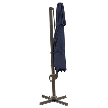 11.5' Navy Blue Polyester Round Tilt Cantilever Patio Umbrella With Stand