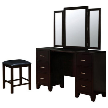 Furniture of America Muscett Wood 3-Piece Vanity Desk and Stool in Espresso