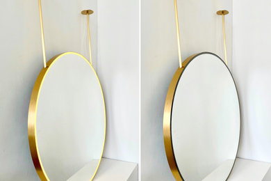 Orbis Ceiling Suspended Round Mirror with Front Illumination, Double Rod and a Brushed Frame Finish