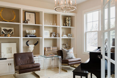 Mid-sized transitional enclosed medium tone wood floor living room photo in Milwaukee with a music area and white walls