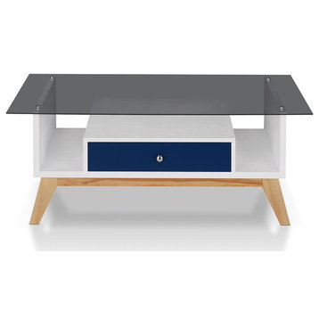 Retro Modern Coffee Table, Unique Open Design With Glass Top & Drawer, Navy