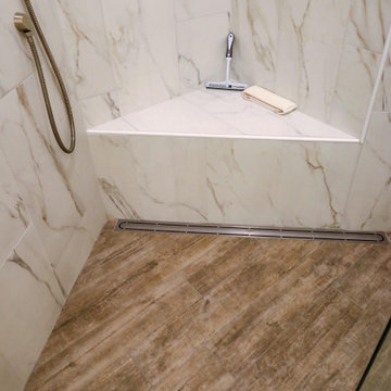 Rustic Master Bathroom with Barrier Free Shower and Closet Organization