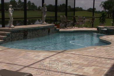Photo of a medium sized modern back custom shaped above ground swimming pool in Orlando with a water feature and concrete paving.