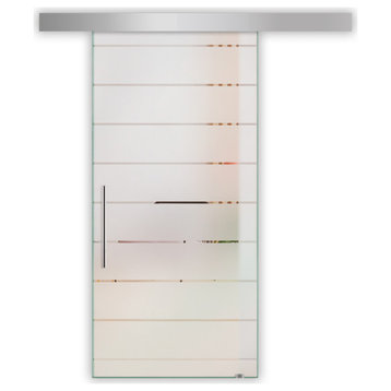 Modern Glass Sliding Barn Door with various Frosted Lines Designs, 30"x81", Recessed Grip