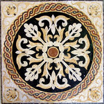 Mozaico - Botanical Mosaic Art - Millicent, 31"x31" - Create a lush garden retreat with the Millicent botanical mosaic art square. The striking mosaic features a botanical motif in gold, red and ivory against a black background with a colorful guilloche chain surround. An ideal framed artwork or stone tile backsplash for your kitchen, the warm colors of this mosaics artwork complements many decors.