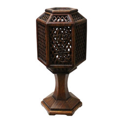 Chinese Hauli Rosewood Hexagon Shape Carving Table Lamp Candle Holder - Candleholders
