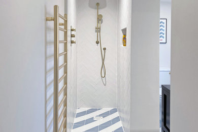 Design ideas for a small contemporary family bathroom in Other with black cabinets, a walk-in shower, a one-piece toilet, white tiles, ceramic tiles, white walls, ceramic flooring, a console sink, wooden worktops, blue floors, an open shower, black worktops, a single sink and a freestanding vanity unit.