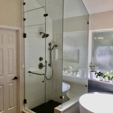 MASTER BATHROOM - White and Dark Gray Tile, Japanese Soaker Tub, Corner Shower