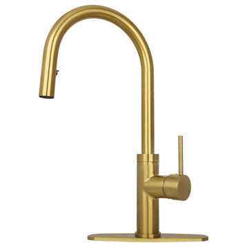 Akicon™ Copper Pull Out Kitchen Faucet With Deck Plate, Single Level Solid Brass, Brushed Gold