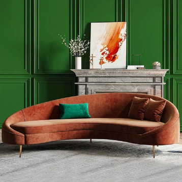 Modern Velvet Curved Sofa 3-Seater Sofa Toss Pillow Included, Bronze, Medium