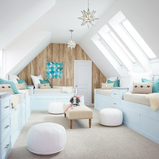 Diseño de dormitorio infantil de 4 a 10 años, marinero, con moqueta y suelo beige