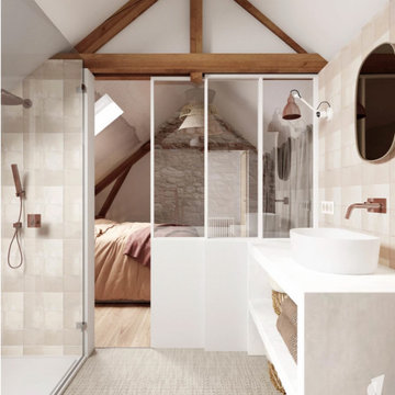 Verrière séparant l'espace chambre de l'espace salle de bain