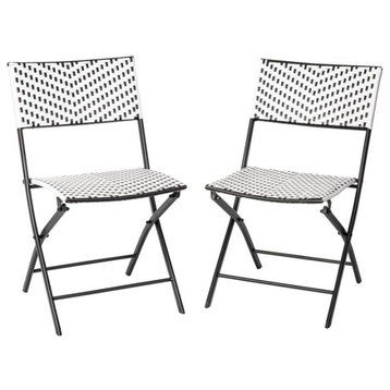 Set of 2 French Bistro Chairs in PE Rattan with Metal Frames, Black/White