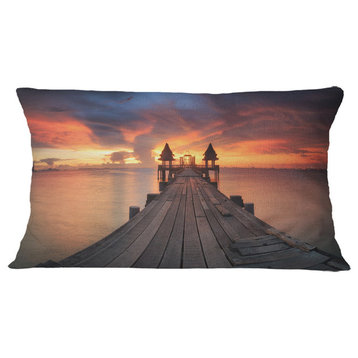 Glowing Sky and Long Wooden Bridge Pier Seascape Throw Pillow, 12"x20"
