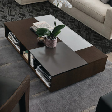 Contemporary livingroom with low profile sofa and custom coffee table
