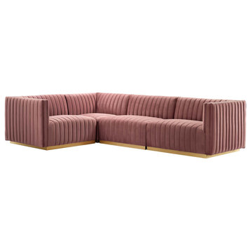 Conjure Channel Tufted Velvet 4-Piece Sectional, Gold Dusty Rose