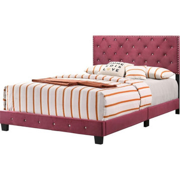 Maklaine Transitional Upholstered Velvet Full Bed in Cherry Finish
