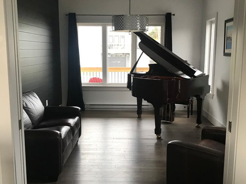 Baby Grand Piano And Living Room, Baby Grand Piano On Hardwood Floor